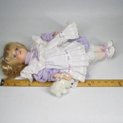 Retro Brinn's Dolls Little Girl in Purple Dress Carrying Lamb Stuffed Animal