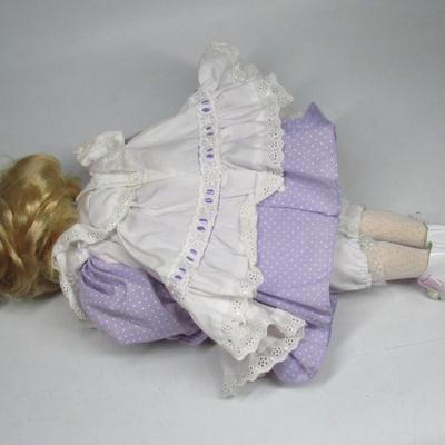 Retro Brinn's Dolls Little Girl in Purple Dress Carrying Lamb Stuffed Animal