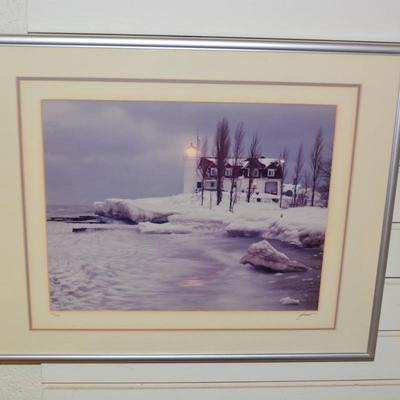 Signed Winter Lighthouse Photo Print, Framed/Matted 146/200