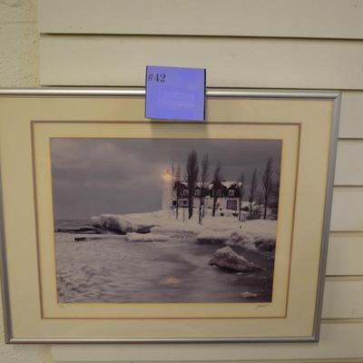 Signed Winter Lighthouse Photo Print, Framed/Matted 146/200