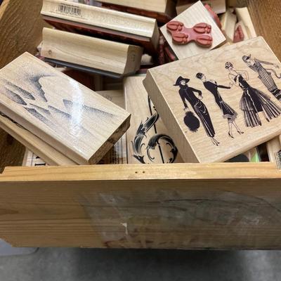 Large wood box of wood back stamps for crafting