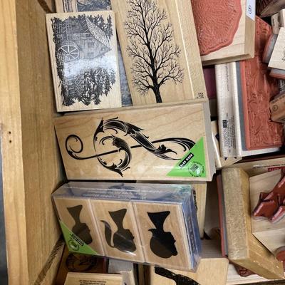Large wood box of wood back stamps for crafting