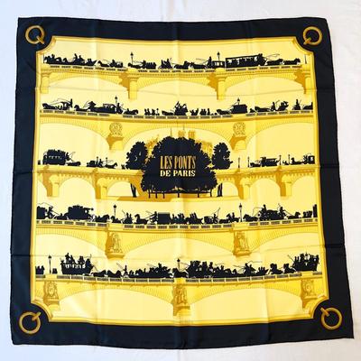 010 Authentic HERMÃˆS Carre 90 Silk Scarf Les Ponts De Paris Black and Gold by Hugo Grygkar 1963