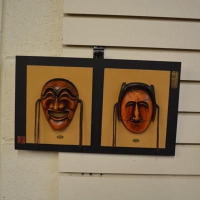 Vintage Traditional Korean Hand Carved Masks w/ Brass Plates