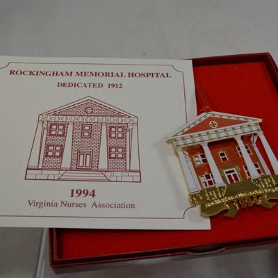Lot of 4 Local Interest Gold Metal Christmas Ornaments with Box