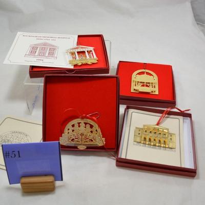 Lot of 4 Local Interest Gold Metal Christmas Ornaments with Box