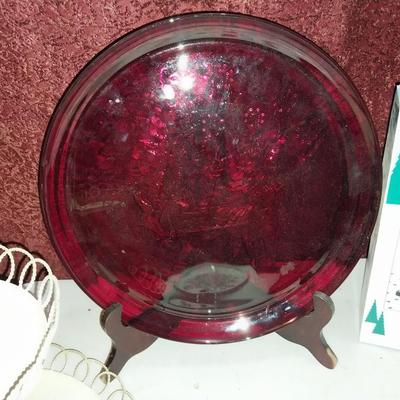 RED GLASS PLATTER, 2 TIER METAL SERVER AND MORE