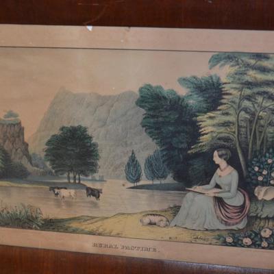Antique Kelloggâ€™s & Thayer â€œRural Pastimeâ€ 399 Framed Lithograph 16.5â€X12.5â€ AS IS