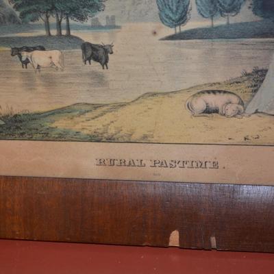 Antique Kelloggâ€™s & Thayer â€œRural Pastimeâ€ 399 Framed Lithograph 16.5â€X12.5â€ AS IS