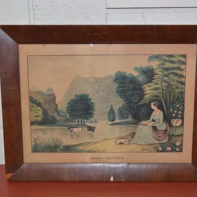 Antique Kelloggâ€™s & Thayer â€œRural Pastimeâ€ 399 Framed Lithograph 16.5â€X12.5â€ AS IS