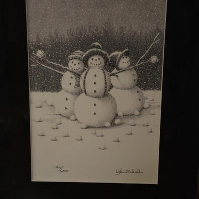Lot of 2 Local Artist Ken Schuler Signed, Numbered, & Matted Snowman Prints Sealed 12â€X9â€