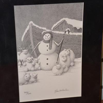 Lot of 2 Local Artist Ken Schuler Signed, Numbered, & Matted Snowman Prints Sealed 12â€X9â€