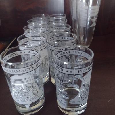 Set of Ten Painted Drinking Glass Commemorating Pharmacy's Historic Role