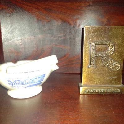 Pair of Vintage Pharmacy Related Items Ceramic Mortar and Pestle and Brass Paperweight