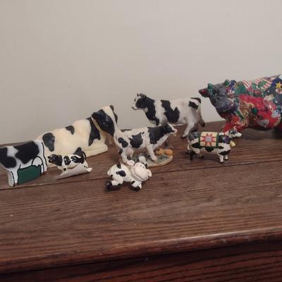 Collection of Cow Statuettes and Whimsical Pieces Resin, Wood, Paper Mache