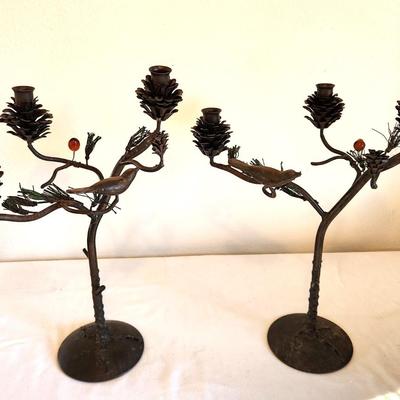 Lot #115 Pair heavy Metal Pine Cone/Fall Candelabra