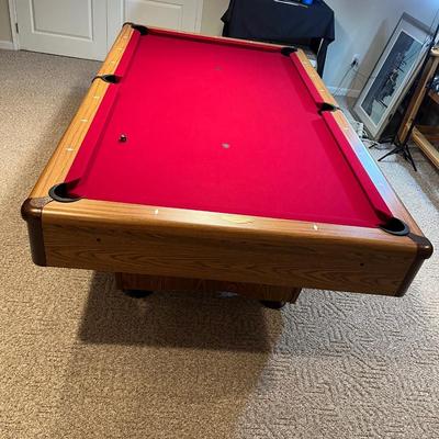 LOT 68B: The C.L. Bailey Co. Pool Table w/ Cover, Balls, Cues, Racks, Frames & Other Billiards Accessories