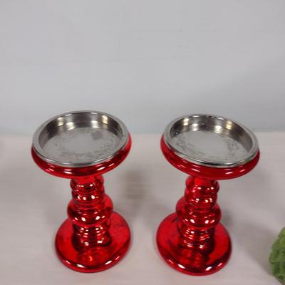 Pair of Tall, Mercury Glass Candle Holders with Pine Tree Candles- Approx 9