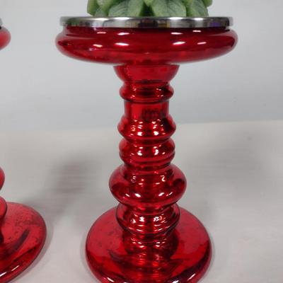 Pair of Tall, Mercury Glass Candle Holders with Pine Tree Candles- Approx 9