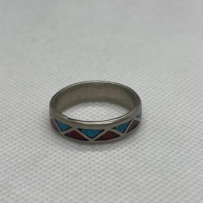 Vintage Navajo Sterling Silver Turquoise Red Coral Chip Inlay Ring Size 10 Band