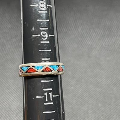 Vintage Navajo Sterling Silver Turquoise Red Coral Chip Inlay Ring Size 10 Band