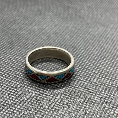 Vintage Navajo Sterling Silver Turquoise Red Coral Chip Inlay Ring Size 10 Band