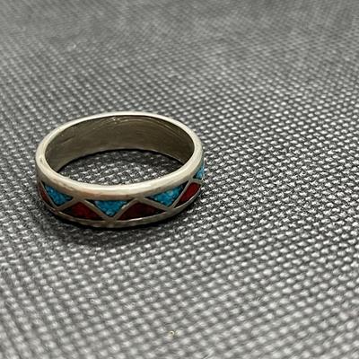 Vintage Navajo Sterling Silver Turquoise Red Coral Chip Inlay Ring Size 10 Band