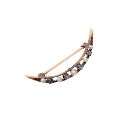 Lot #125D Antique 10kt Gold Crescent Moon Brooch - pearls/topaz