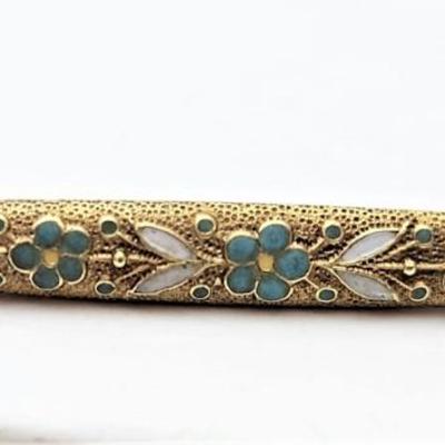 Lot #126D Antique 14kt Yellow Gold Bar Pin with Enameled Floral Design