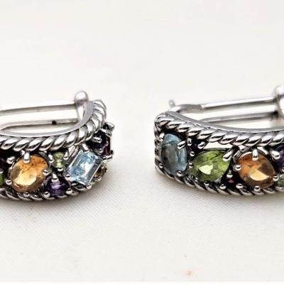 Lot #127D Sterling Silver Pierced Earrings with Topaz, Peridot, Citrine, Amethyst & Garnet