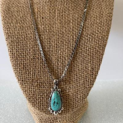 Turquoise and silver pendant on silver 925 chain necklace - Navaho art shop by joe maquino