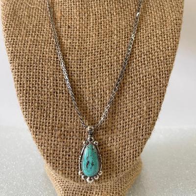 Turquoise and silver pendant on silver 925 chain necklace - Navaho art shop by joe maquino