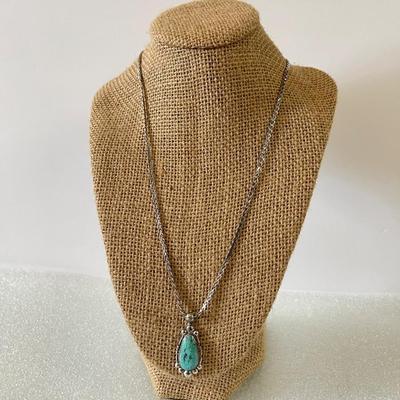 Turquoise and silver pendant on silver 925 chain necklace - Navaho art shop by joe maquino