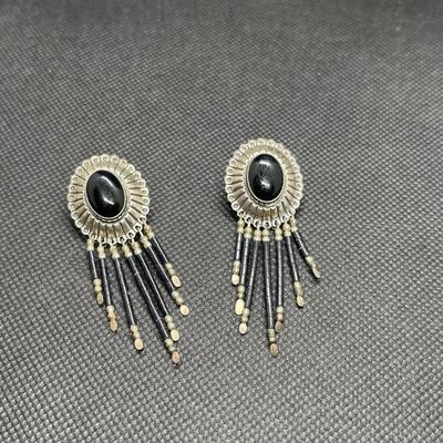 NAVAJO 925 Sterling Silver - Vintage Black Onyx Drop Earrings