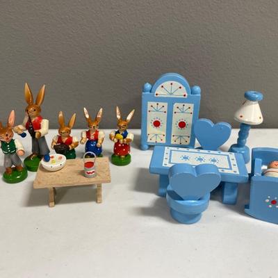 Vintage wooden bunnies and furniture
