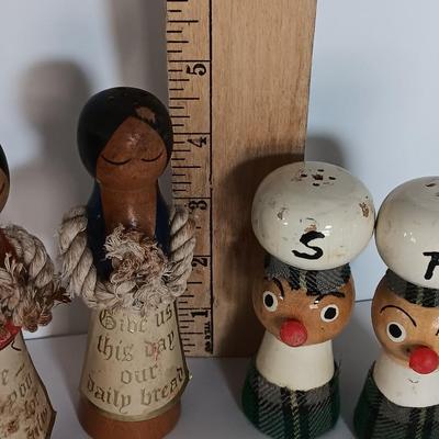 Two sets of vintage wooden salt & pepper people Enesco