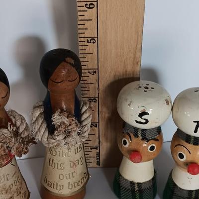 Two sets of vintage wooden salt & pepper people Enesco