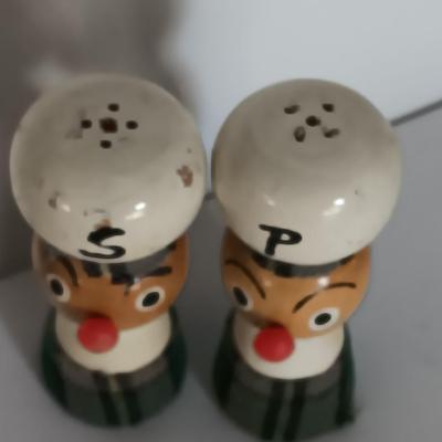 Two sets of vintage wooden salt & pepper people Enesco
