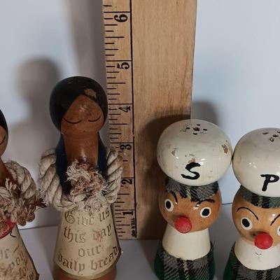 Two sets of vintage wooden salt & pepper people Enesco