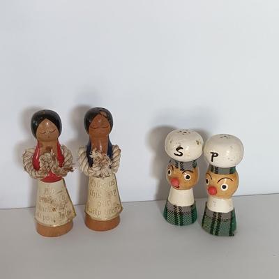 Two sets of vintage wooden salt & pepper people Enesco