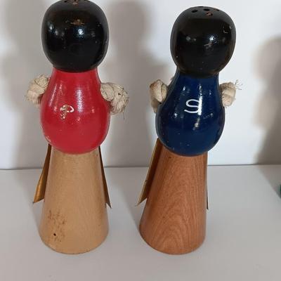 Two sets of vintage wooden salt & pepper people Enesco