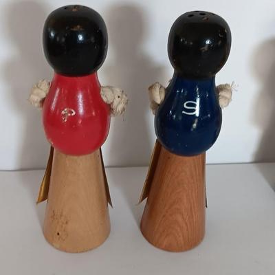 Two sets of vintage wooden salt & pepper people Enesco