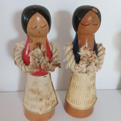 Two sets of vintage wooden salt & pepper people Enesco