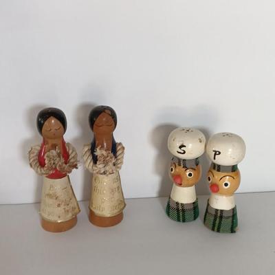 Two sets of vintage wooden salt & pepper people Enesco