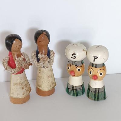 Two sets of vintage wooden salt & pepper people Enesco