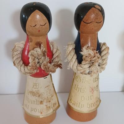 Two sets of vintage wooden salt & pepper people Enesco