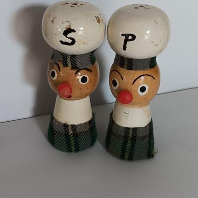 Two sets of vintage wooden salt & pepper people Enesco