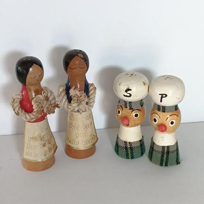 Two sets of vintage wooden salt & pepper people Enesco