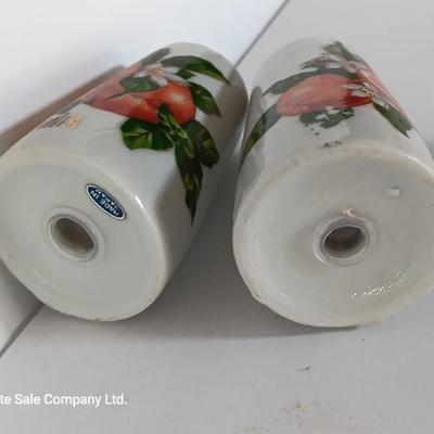 Vintage Salt & Pepper shakers from California - wooden with gold-colored holders and Oranges