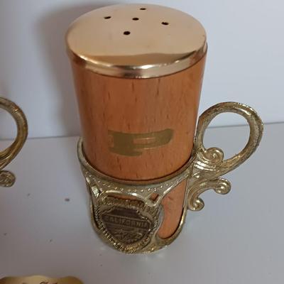 Vintage Salt & Pepper shakers from California - wooden with gold-colored holders and Oranges